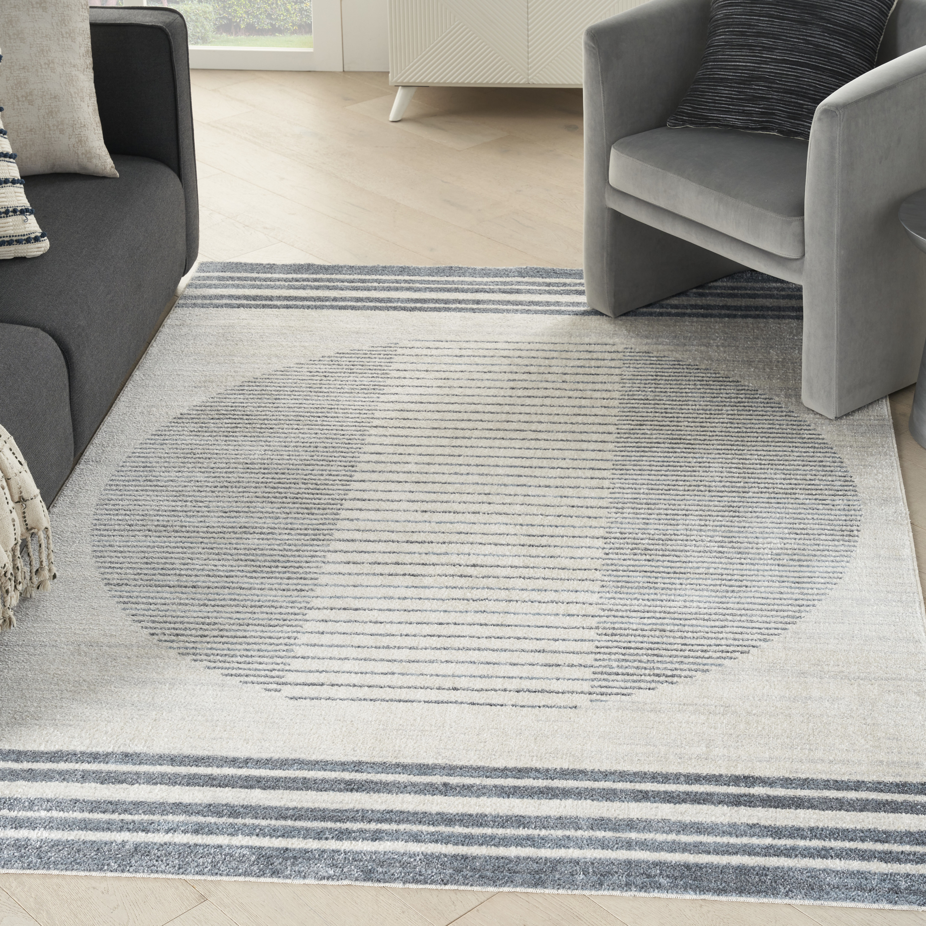 Nourison Astra Machine Washable 4' x 6' Ivory Blue Mid-Century Modern Indoor Rug