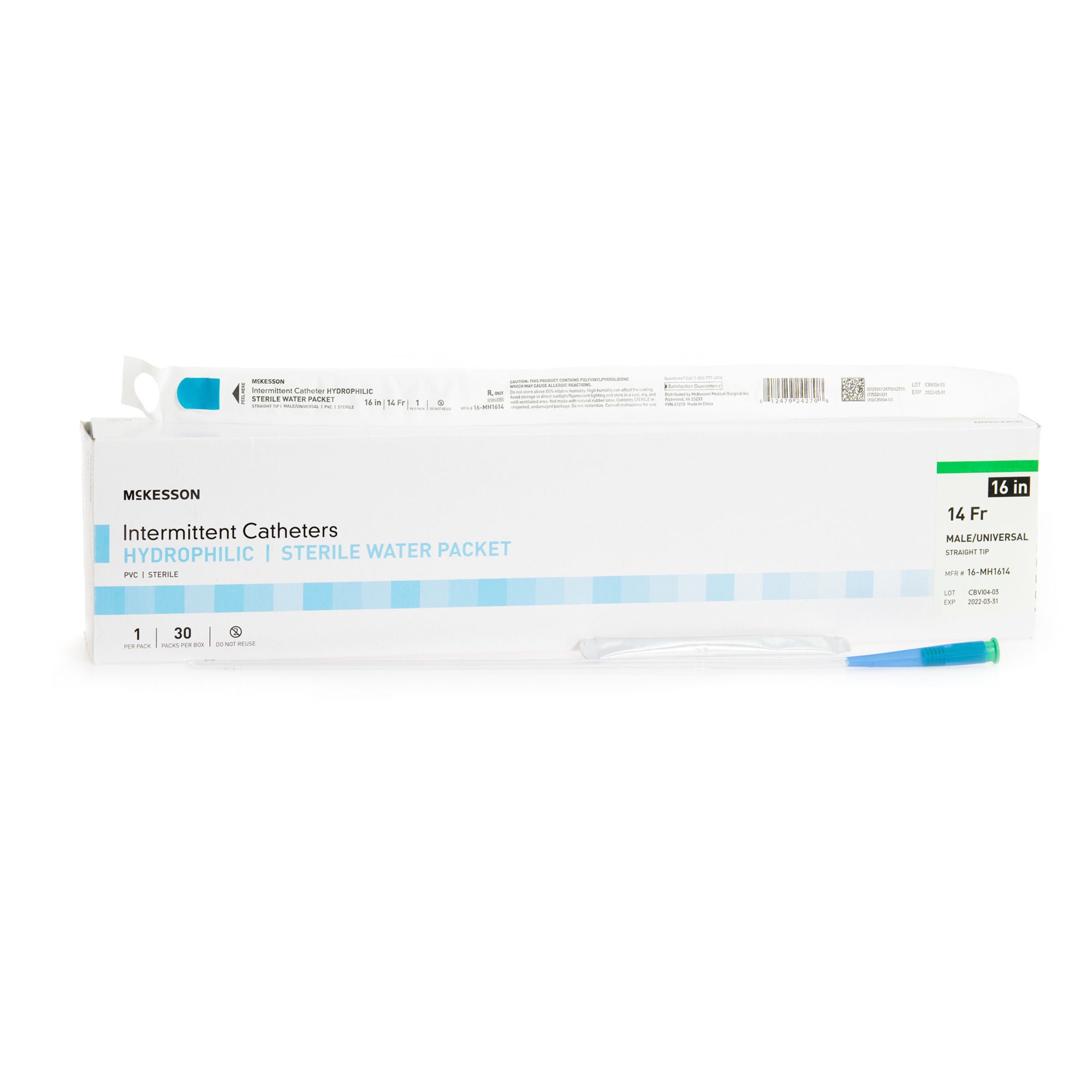 McKesson Brand CATHETER, URETH STRT TIP HYDROPHILIC 14FRX16" (30/BX)