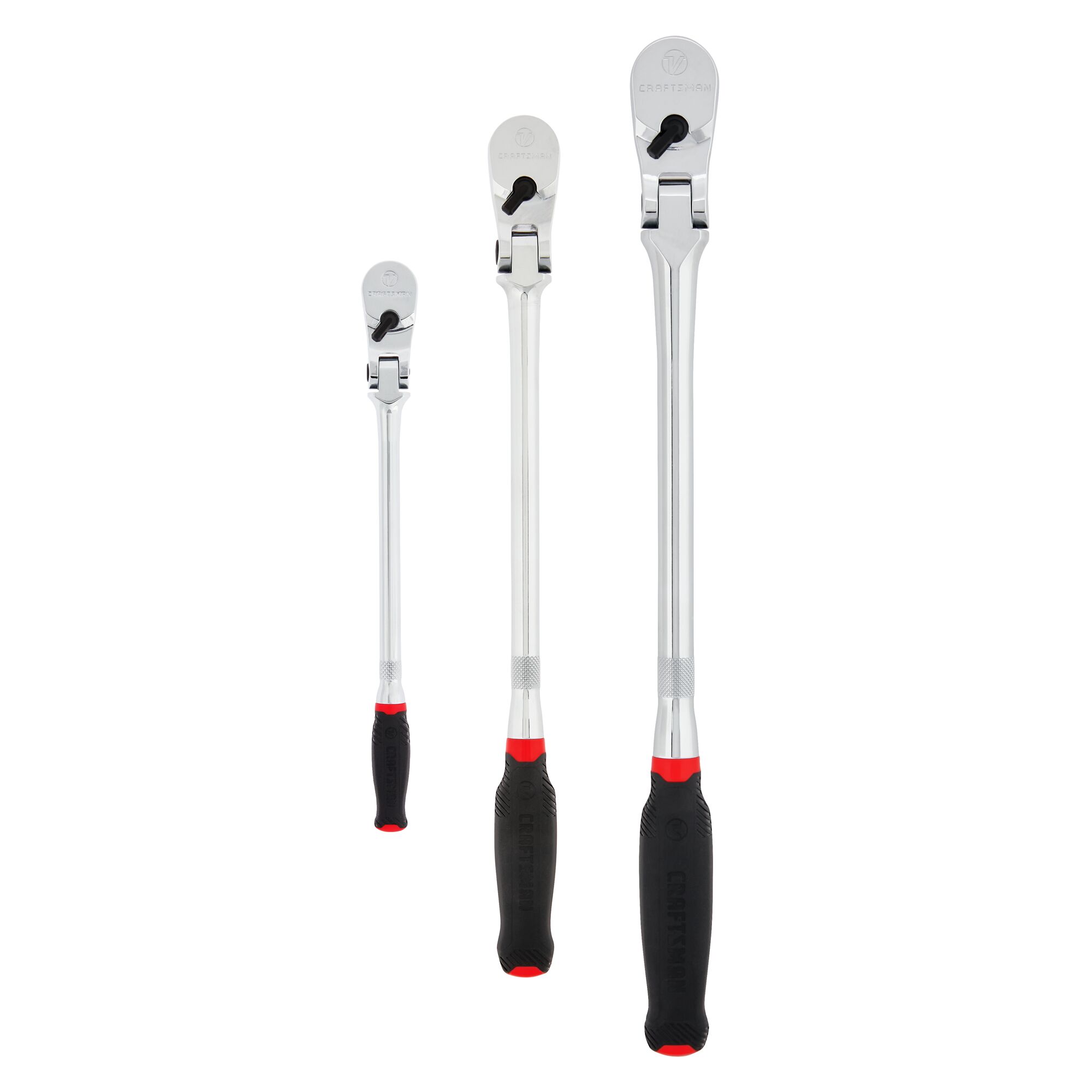 Profile of V series quarter inch three eighth inch and half inch drive comfort grip long flex head ratchet. 3 pack