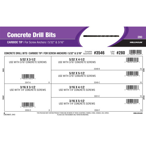 Carbide Tip Concrete Drill Bits Assortment (5/32
