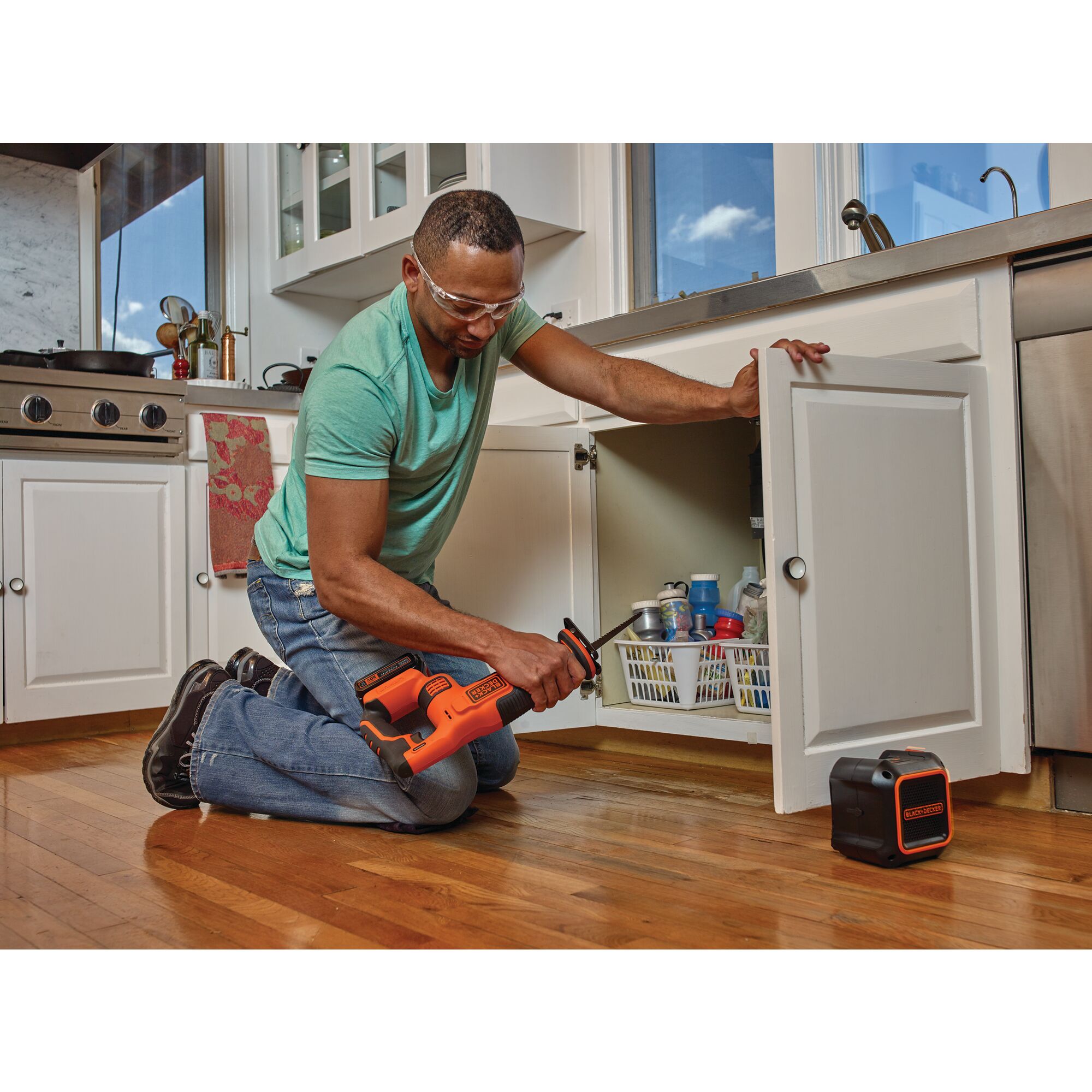 Cordless Reciprocating Saw Kit being used by person.