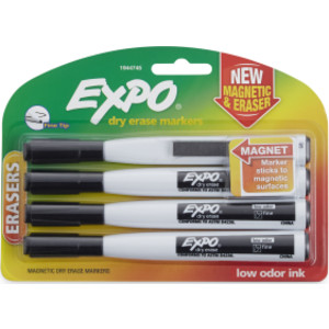Magnetic Dry Erase Markers with Eraser, Fine Tip, Black, 4-Count