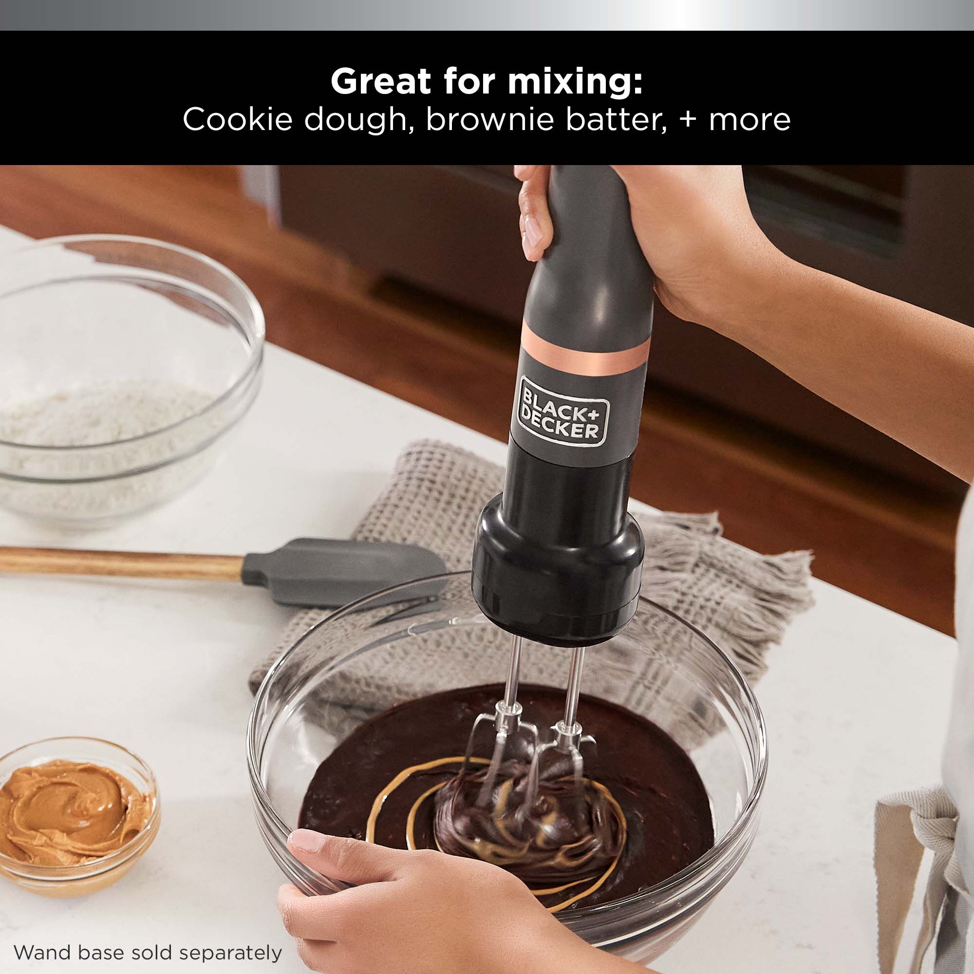 The BLACK+DECKER kitchen wand™ hand mixer attachment is great for mixing cookie dough, brownie batter and more