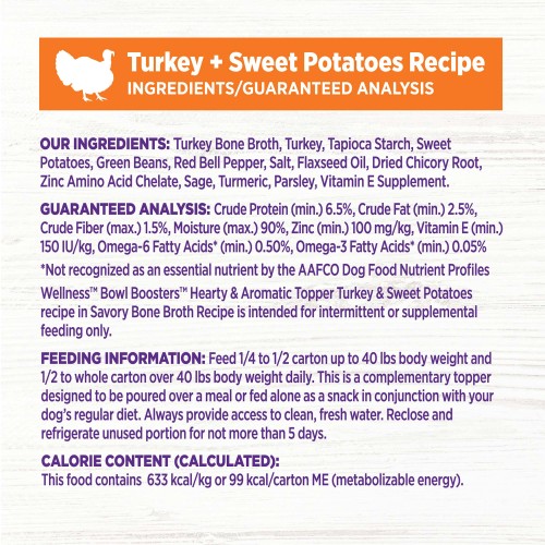 <p>Turkey Bone Broth, Turkey, Tapioca Starch, Sweet Potatoes, Green Beans, Red Bell Pepper, Salt, Flaxseed Oil, Dried Chicory Root, Zinc Amino Acid Chelate, Sage, Turmeric, Parsley, Vitamin E Supplement.</p>
