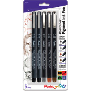 Pointliner Pen, 0.5mm Tip, Assorted Ink Colors, 5-Pack