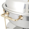 5 ⅘-quart round chafer in mirror finish and classic brass trim with food pan, water pan, dome cover and fuel holder