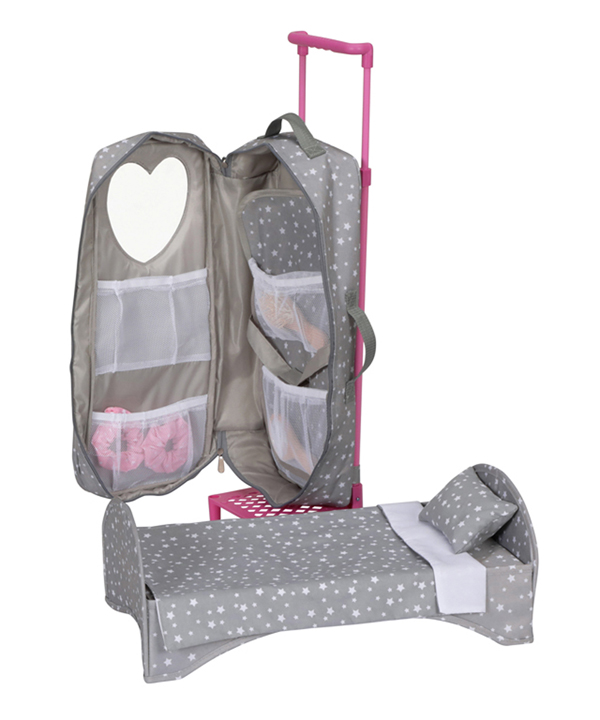 thumbnail video image 2 of Badger Basket Doll Trolley Travel Carrier with Bed for 18 inch Dolls - Gray/Stars, 2 of 10