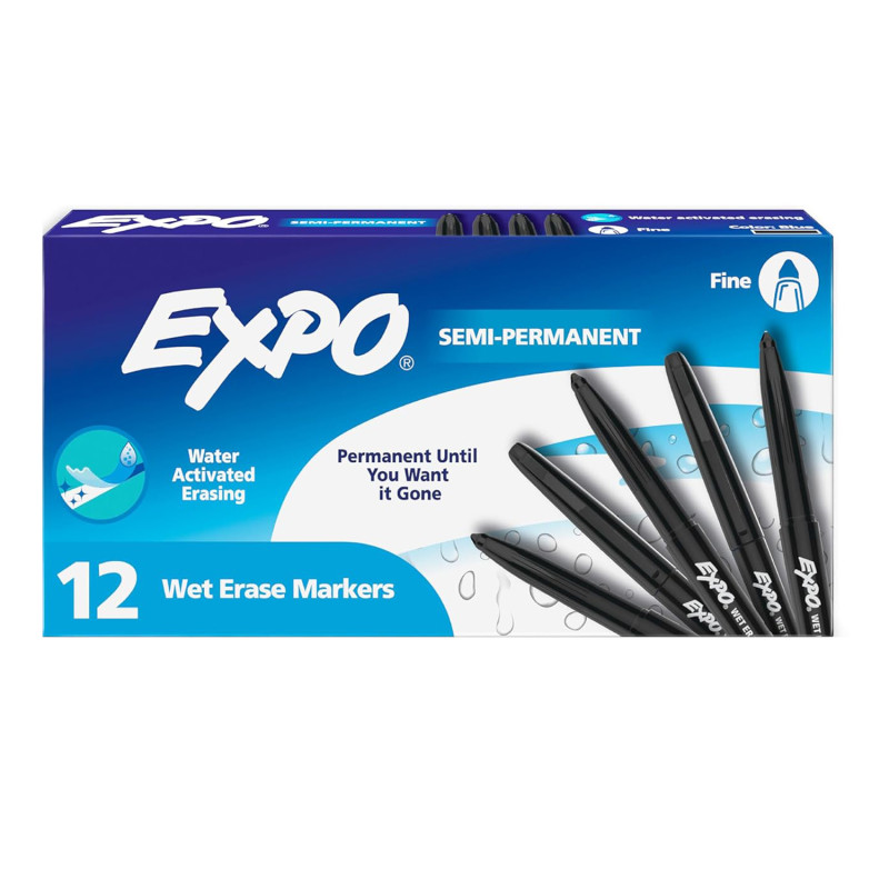 Vis-a-Vis Wet Erase Markers, Fine Point, Black, 12 Count