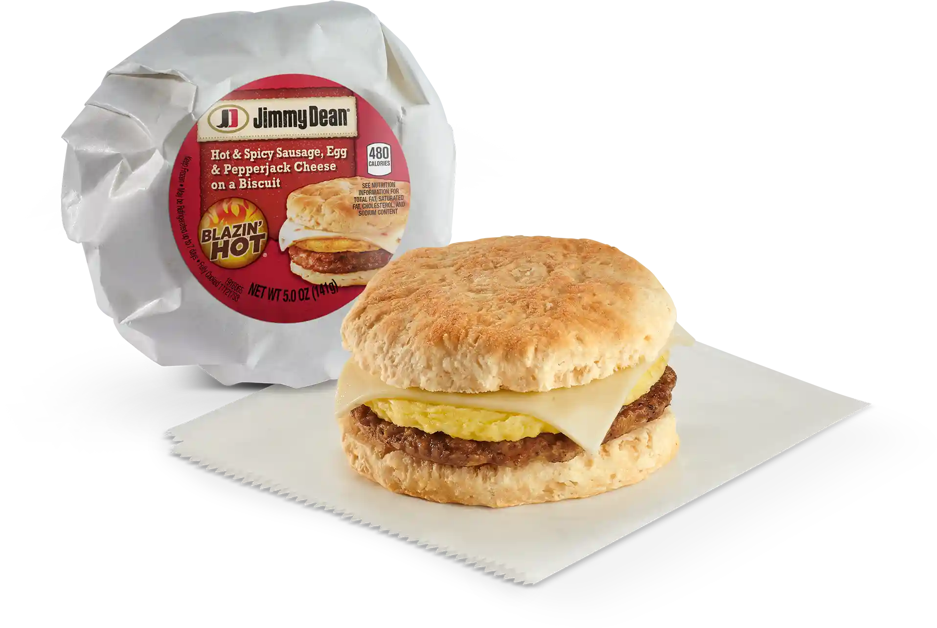 Jimmy Dean® Butcher Wrapped Blazin' Hot® Hot & Spicy Sausage, Egg & Pepper Jack Cheese Biscuithttps://images.salsify.com/image/upload/s--ZN6AlN-A--/q_25/d7avsmkwmnigxqbljwkk.webp