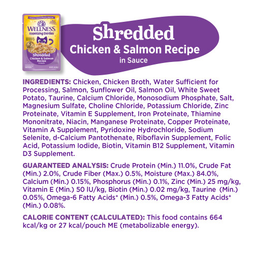 <p>Chicken, Chicken Broth, Water Sufficient for Processing, Salmon, Sunflower Oil, Salmon Oil, White Sweet Potato, Taurine, Calcium Chloride, Monosodium Phosphate, Dried Chicory Root, Salt, Magnesium Sulfate, Choline Chloride, Potassium Chloride, Zinc Proteinate, Vitamin E Supplement, Iron Proteinate, Thiamine Mononitrate, Niacin, Manganese Proteinate, Copper Proteinate, Vitamin A Supplement, Pyridoxine Hydrochloride, Sodium Selenite, d-Calcium Pantothenate, Riboflavin Supplement, Folic Acid, Potassium Iodide, Biotin, Vitamin B12 Supplement, Vitamin D3 Supplement.</p>
