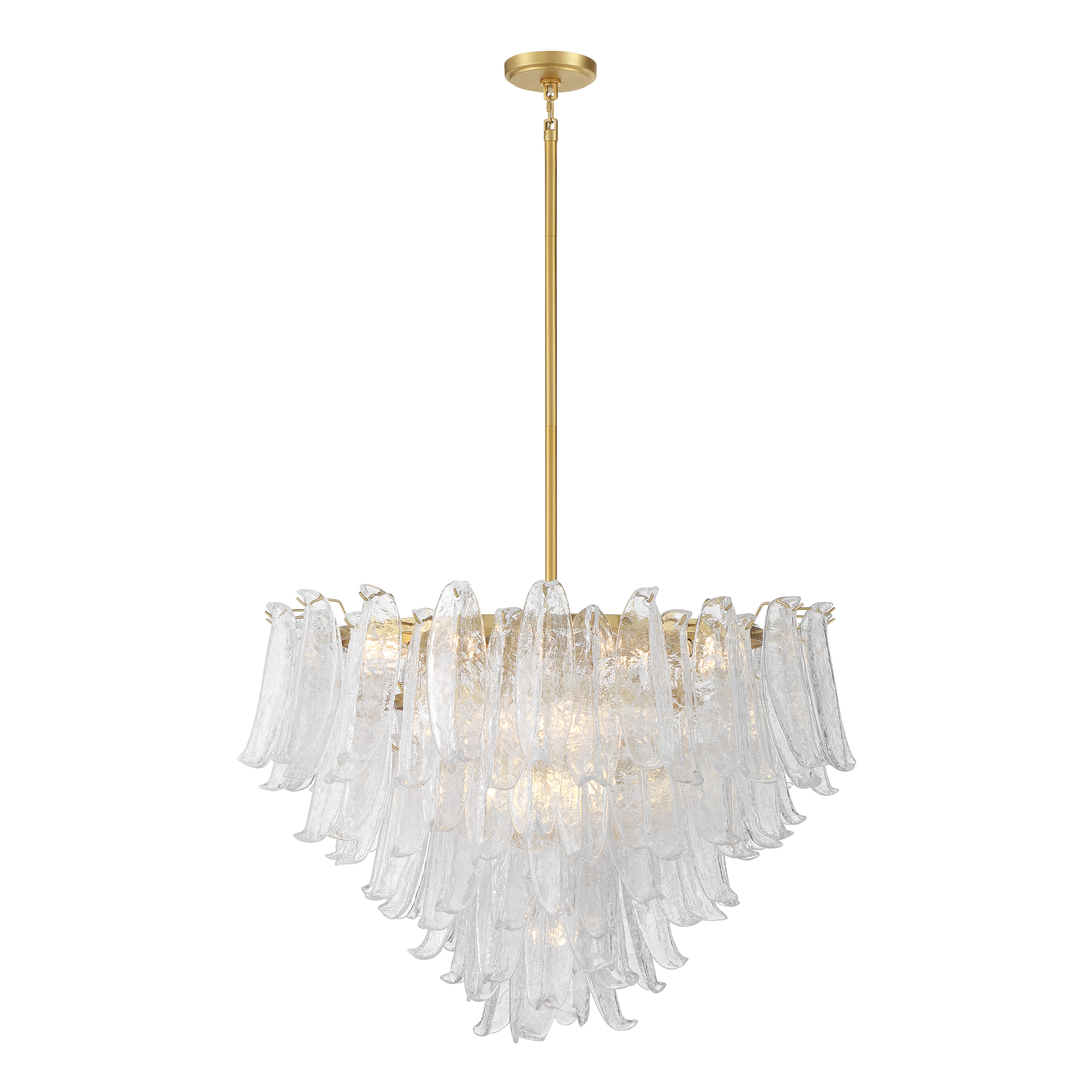 The Regent chandelier makes a bold architectural statement with 17 candelabra lights arranged in a dramatic 36.75-inch frame. Legacy brass finish paired with clear crackled glass creates sophisticated vintage appeal with modern sensibility. - alternate view