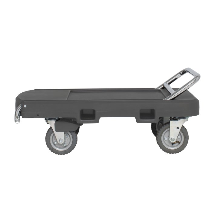 Flatbed utility dolly in dark gray with 6” pneumatic wheels, straps and chrome-plated handle