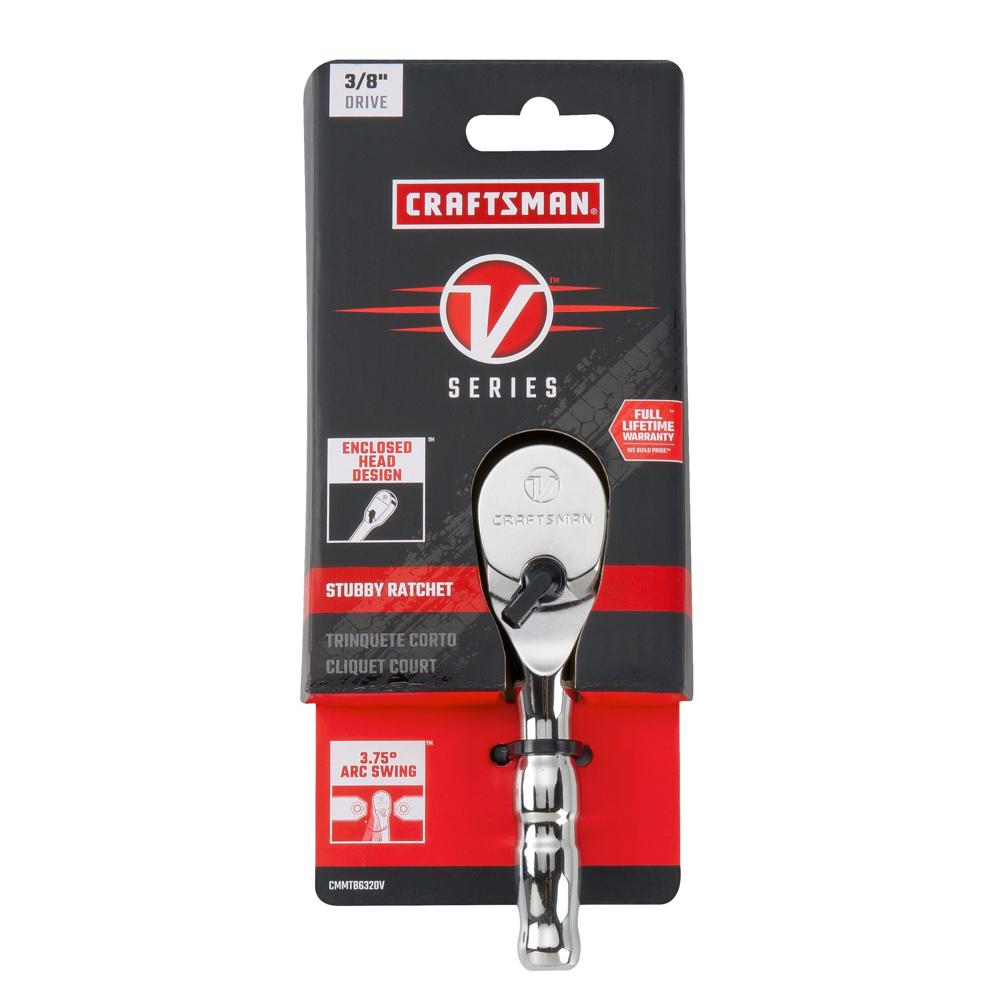 V series three eighth inch drive stubby ratchet in packaging.