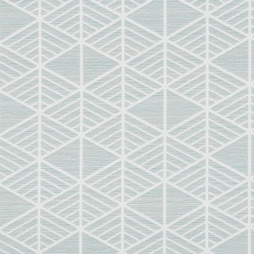 Geometric wallpaper swatch, flat and close-up; pale blue-gray and white diamond lattice with diagonal hatch lines repeating across the surface, shown under even, diffuse lighting.