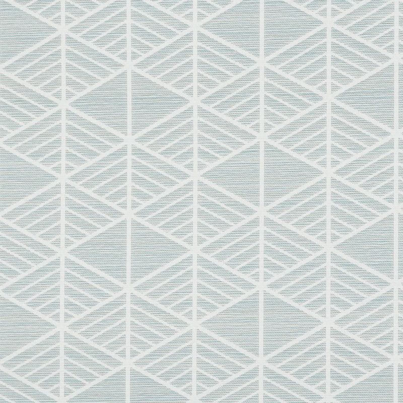 Geometric wallpaper swatch, flat and close-up; pale blue-gray and white diamond lattice with diagonal hatch lines repeating across the surface, shown under even, diffuse lighting.