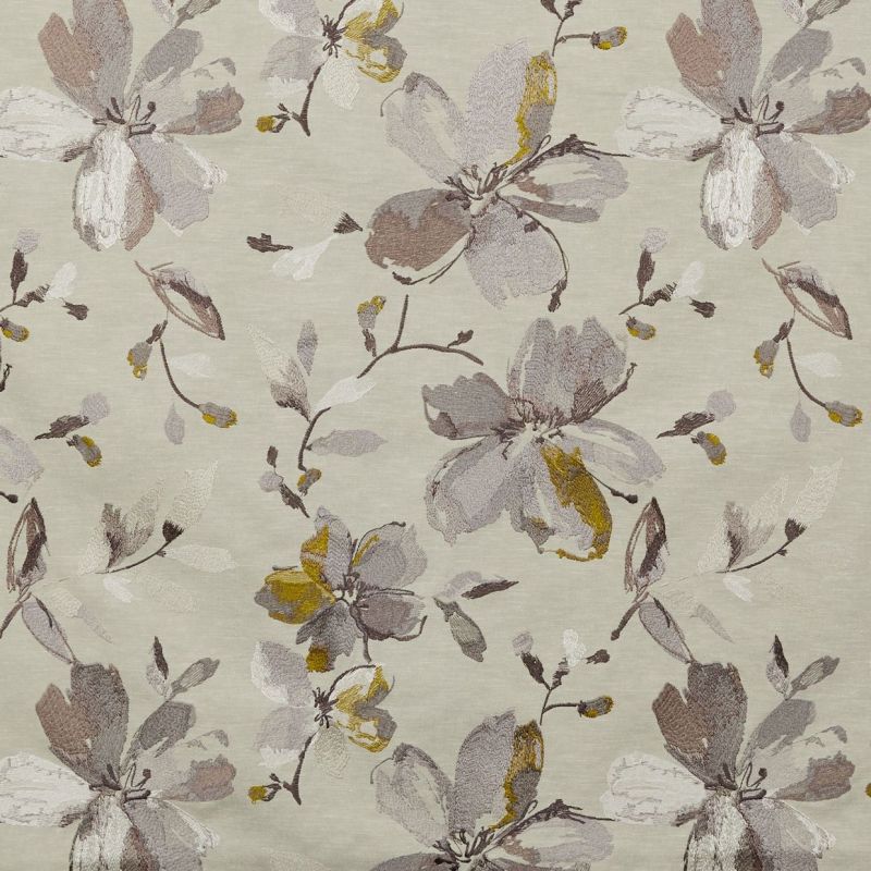 Embroidered floral fabric with large, painterly blossoms and delicate buds; the pattern repeats across the surface, set on a neutral beige background with muted gray, taupe, and mustard accents.