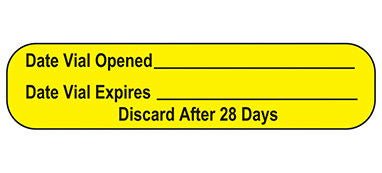 Pre-Printed / Write On Label Indeed Auxiliary Label Yellow Paper Date Vial Opened_____Date Vial Expires____ Discard After 28 Days Black Quality Control Label 3/8 X 1-5/8 Inch