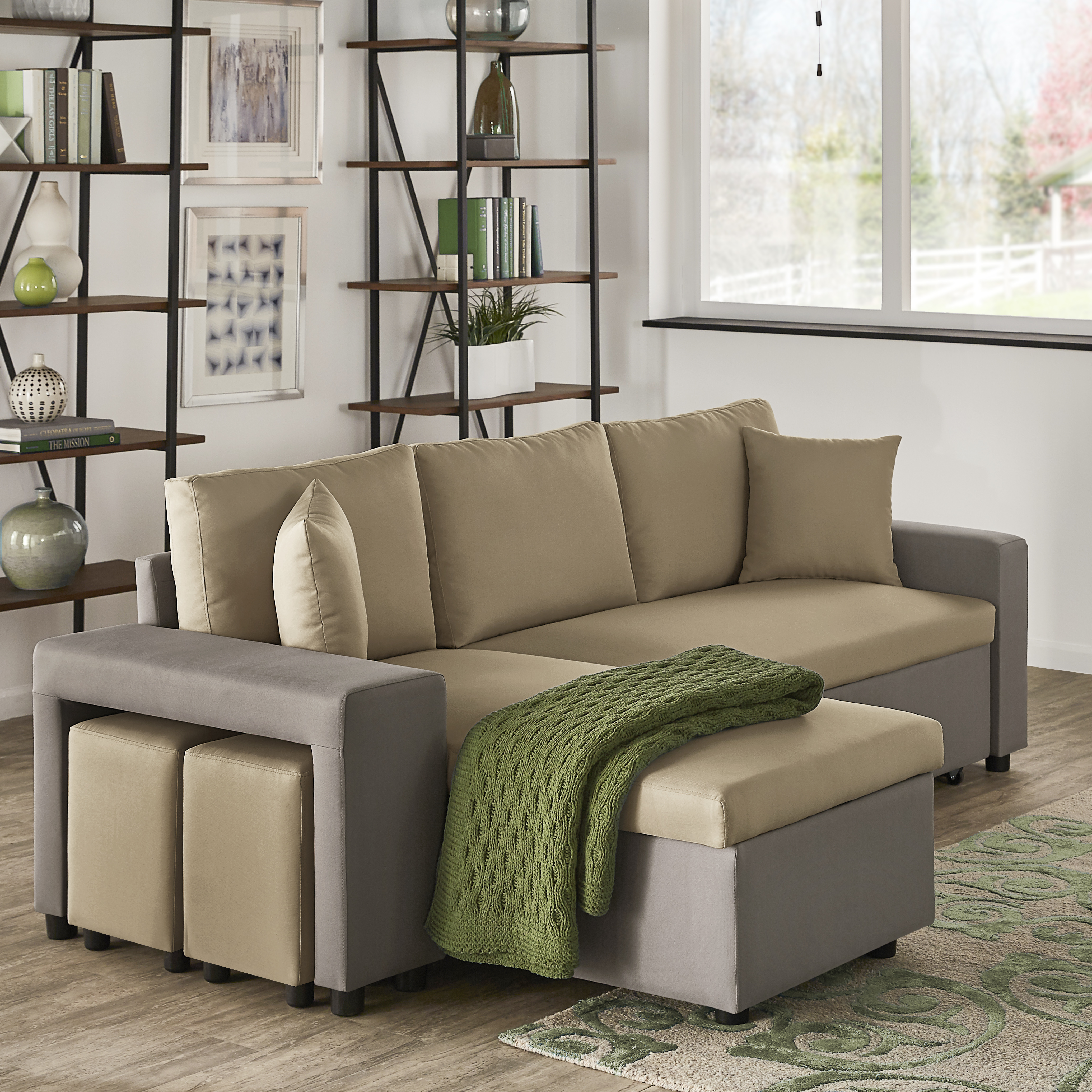 Multifunctional Two-Tone Fabric Convertible Chaise Sofa with Two Ottomans, Two Pillows, and Storage