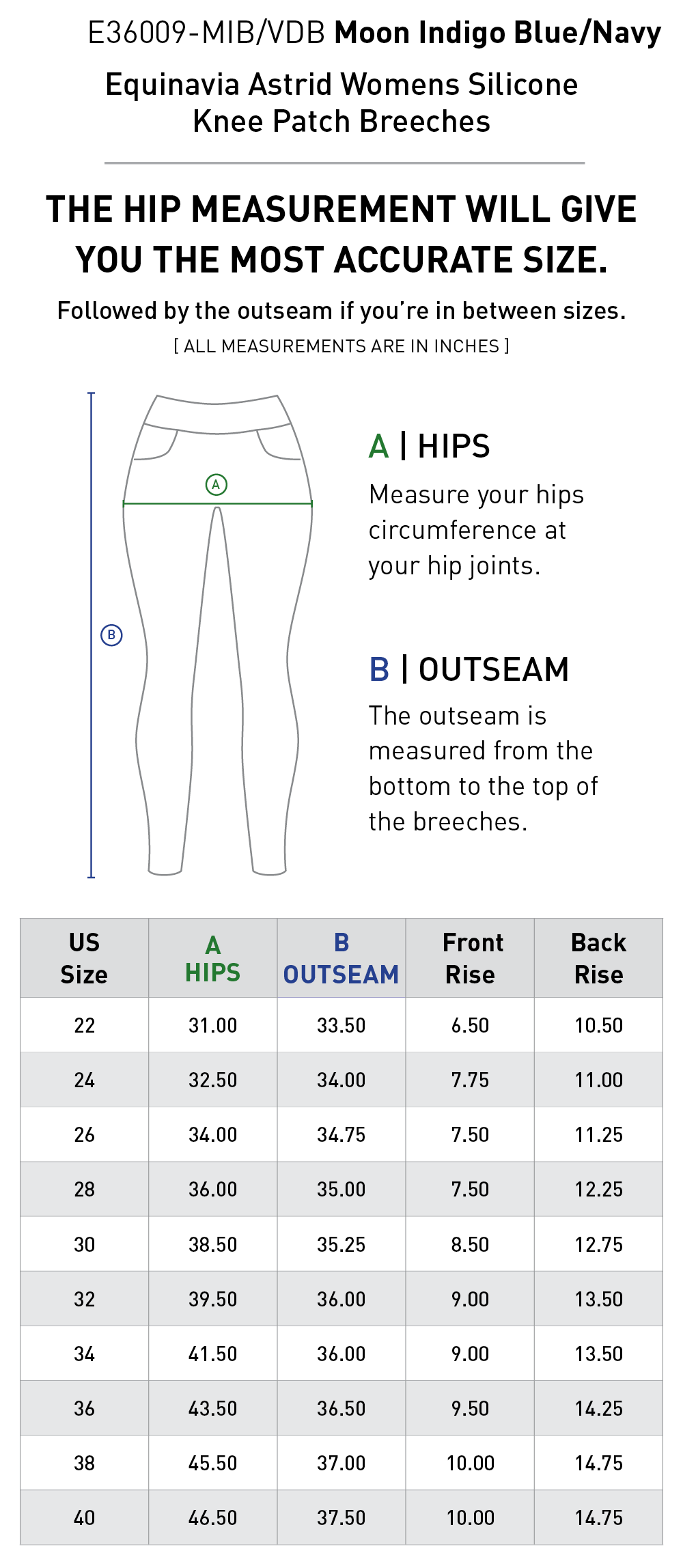 Size chart for Equinavia Astrid Womens Silicone Knee Patch Breeches - Moon Indigo Blue/Navy