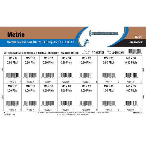 Class 4.8 JIS Phillips Pan-Head Metric Machine Screws Assortment (M5-0.80 & M6-1.00)