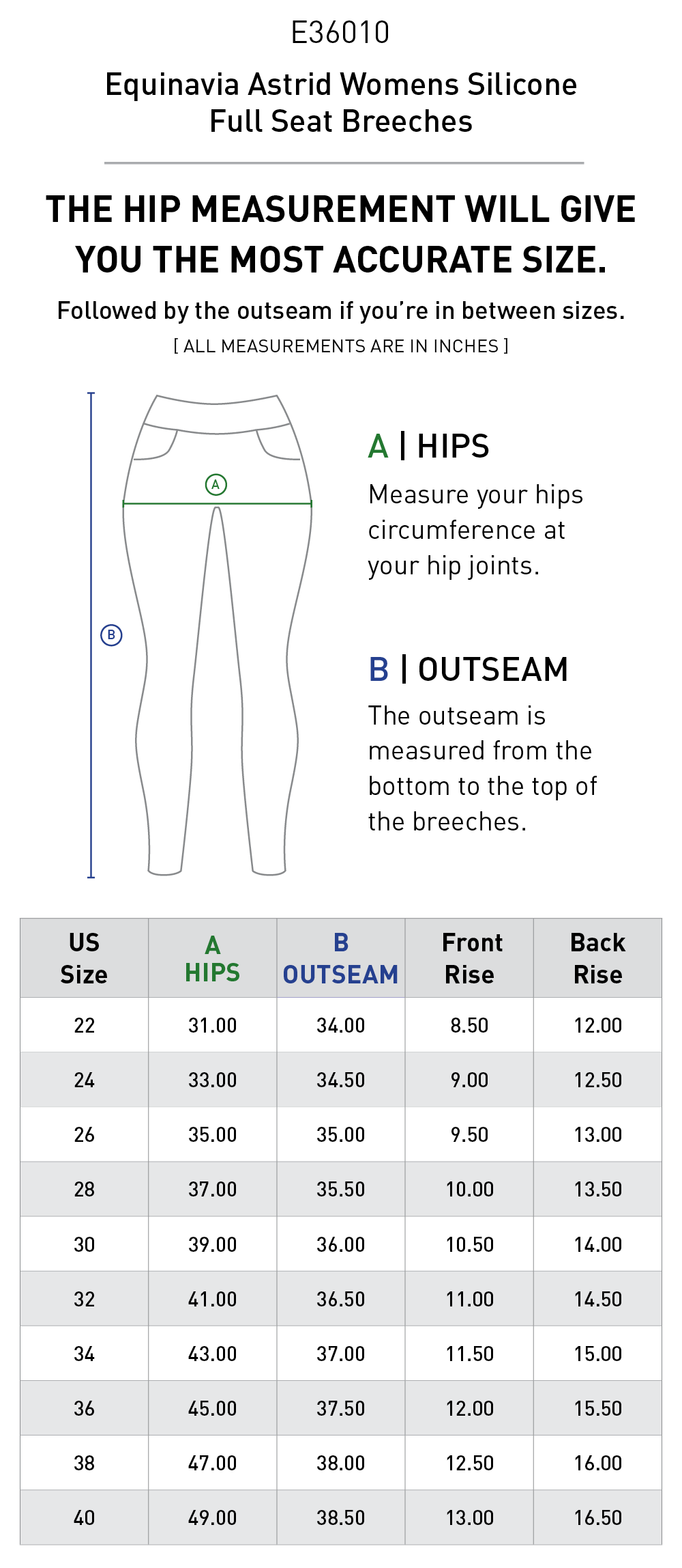 Size chart for Equinavia Astrid Womens Silicone Full Seat Breeches - Bluestone Blue
