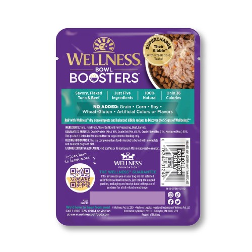 Wellness Bowl Boosters Simply Shreds Tuna, Beef & Carrots back packaging