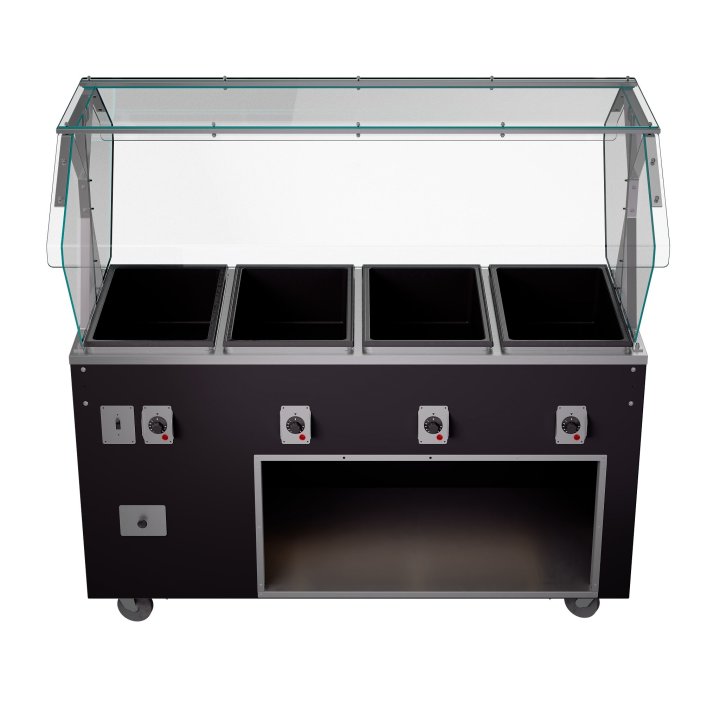 60-inch 120-volt four-well 2-Series deluxe hot-food station with walnut woodgrain base, storage compartment and buffet-style breath guard