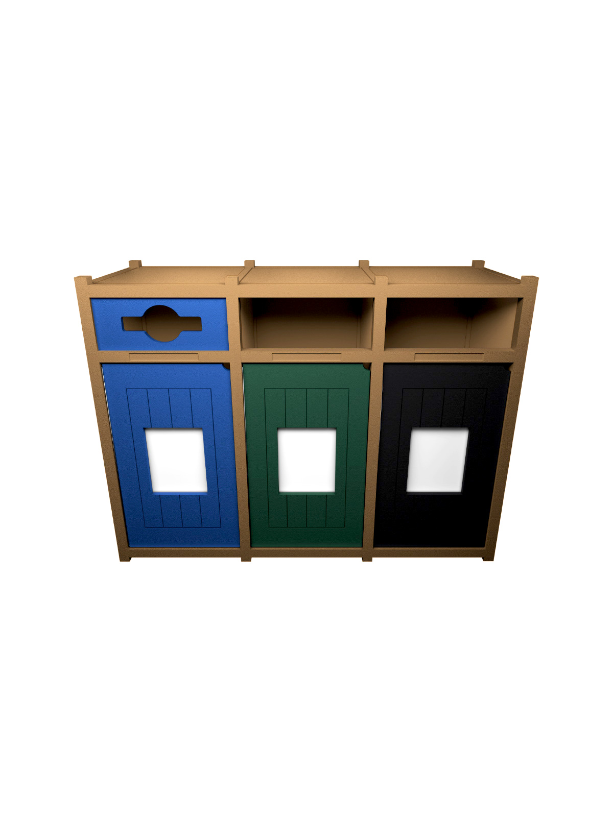 Busch Systems Aspyre Collection Vision Series triple in cedar with blue green and black doors and openings