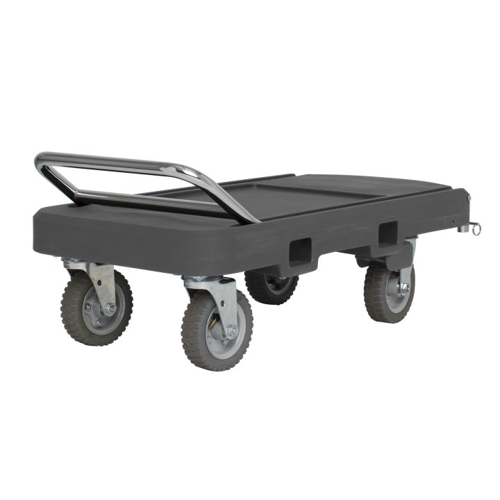 Flatbed utility dolly in dark gray with 6” pneumatic wheels, straps and chrome-plated handle