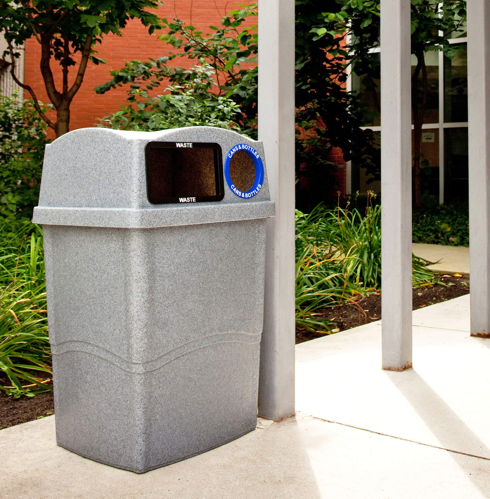 double stream waste and recycling container outside at a public library