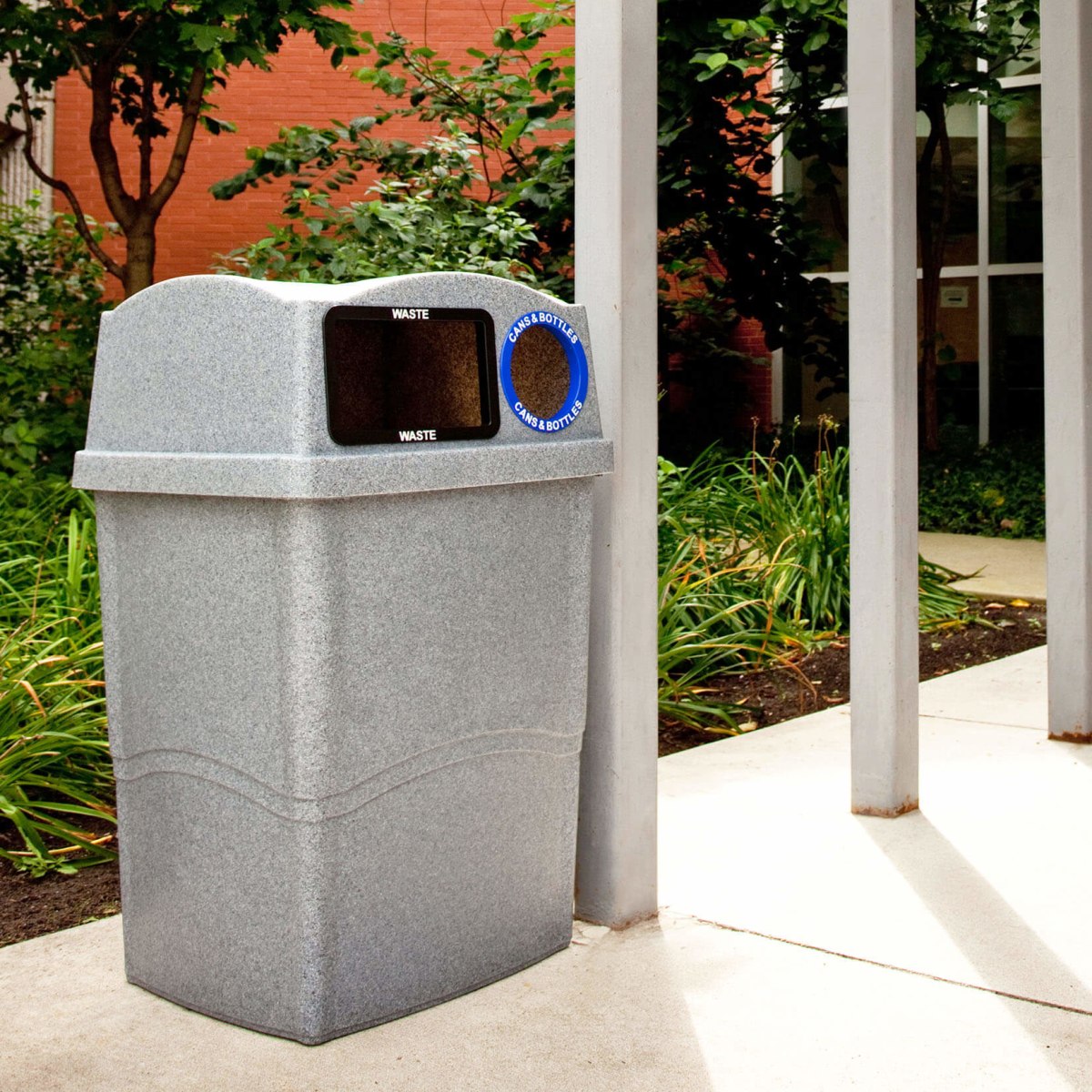 double stream waste and recycling container outside at a public library