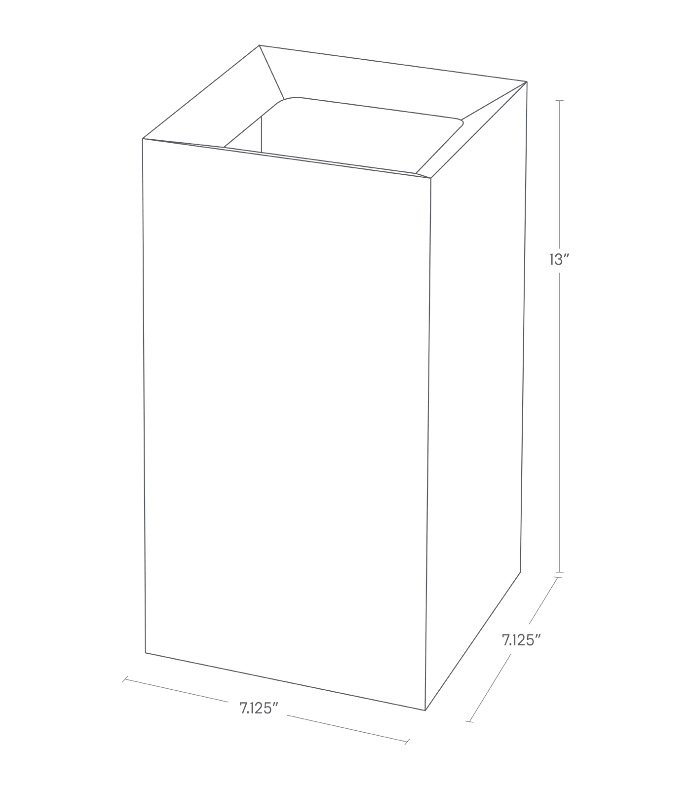 Image dimensionnelle pour la poubelle montrant une hauteur totale de 13" et une longueur/hauteur égale de 7,125".