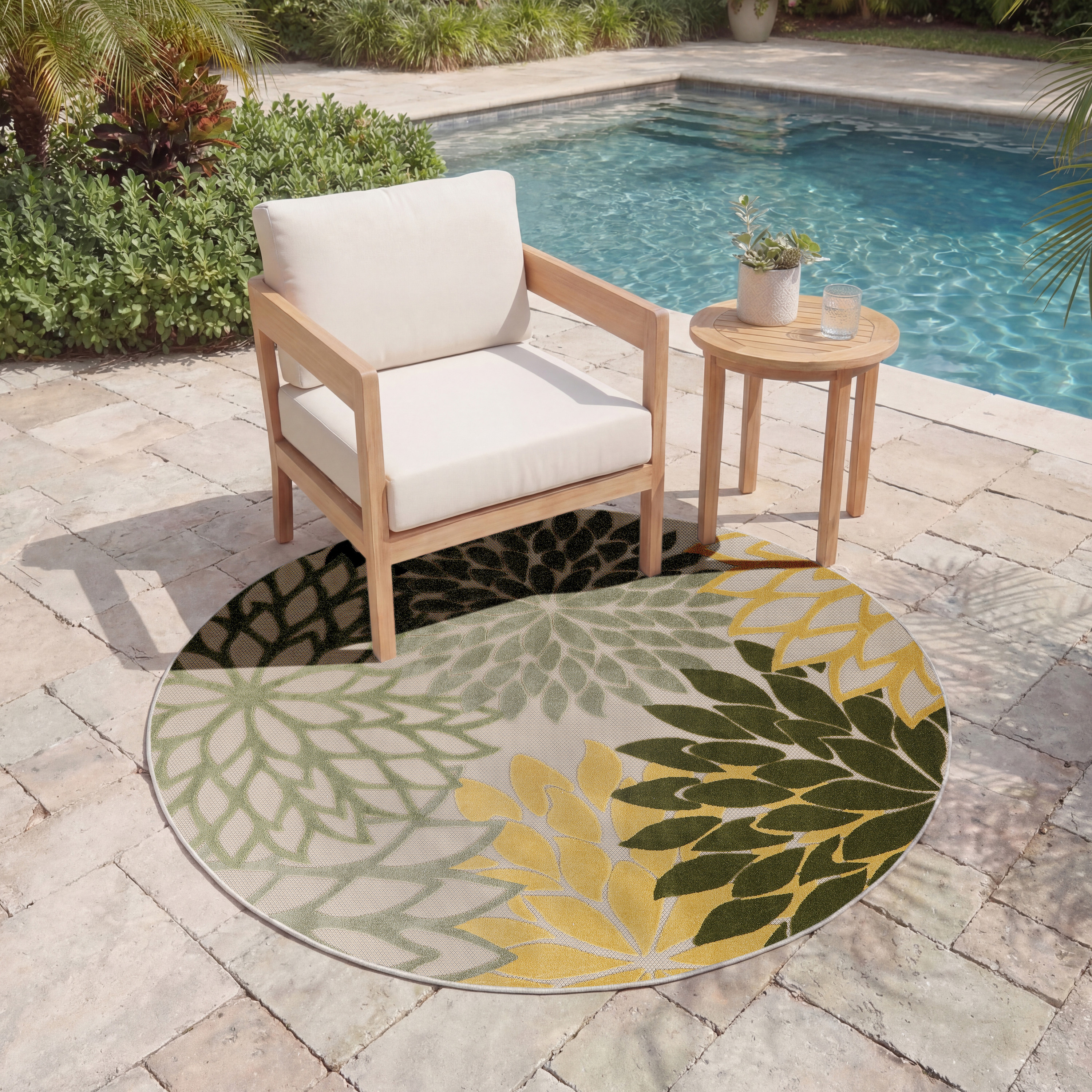 Nourison Aloha 5'3" x Round Green Multicolor Tropical Rug