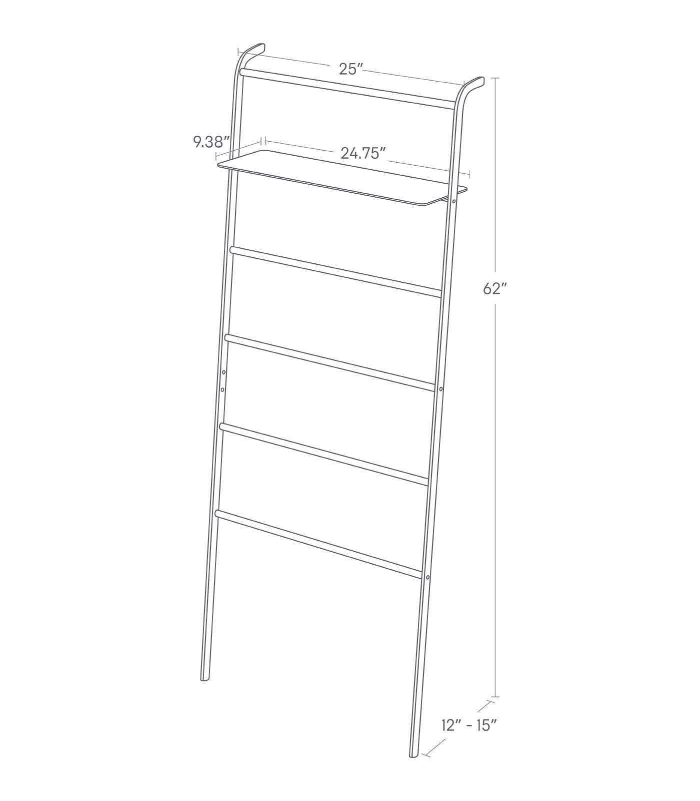 Dimension image for Leaning Storage Ladder showing length of 24.75 inches, width of 9.38 inches and height of 62 inches