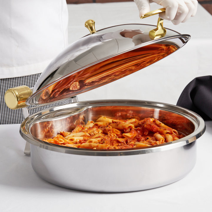 6-quart Intrigue® round stainless steel induction chafer with brass trim