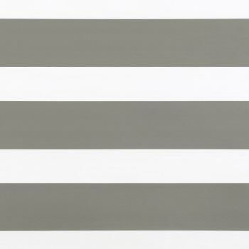 Horizontal striped roller blind covering the frame: alternating wide opaque gray and translucent white bands aligned to filter light; close-up view with neutral indoor lighting, no visible window or room.
