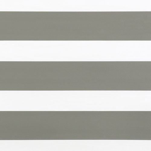 Horizontal striped roller blind covering the frame: alternating wide opaque gray and translucent white bands aligned to filter light; close-up view with neutral indoor lighting, no visible window or room.