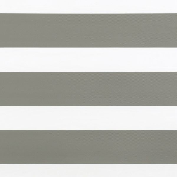 Horizontal striped roller blind covering the frame: alternating wide opaque gray and translucent white bands aligned to filter light; close-up view with neutral indoor lighting, no visible window or room.