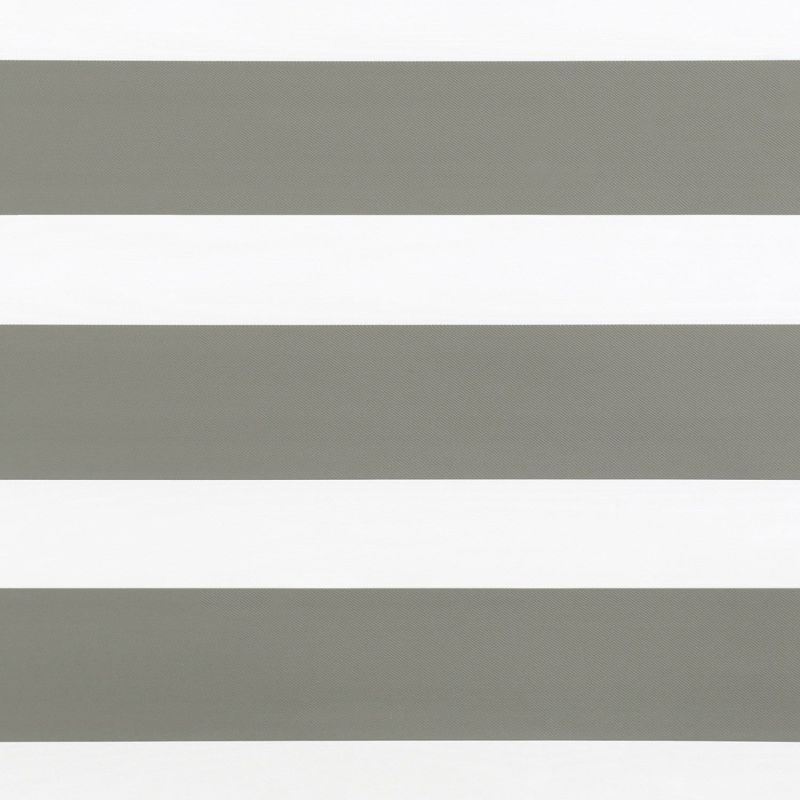 Horizontal striped roller blind covering the frame: alternating wide opaque gray and translucent white bands aligned to filter light; close-up view with neutral indoor lighting, no visible window or room.