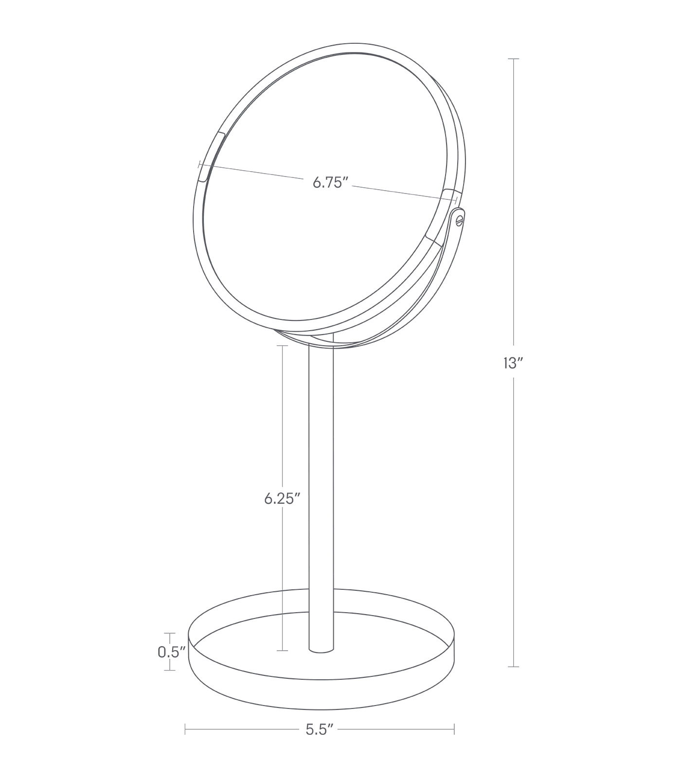 Image dimensionnelle pour le miroir de courtoisie montrant une hauteur totale de 13 po, une largeur de 5,5 po, une largeur de miroir de 6,75 po et une barre pour la hauteur du miroir de 6,25 po et 0,5 po pour la hauteur du plateau