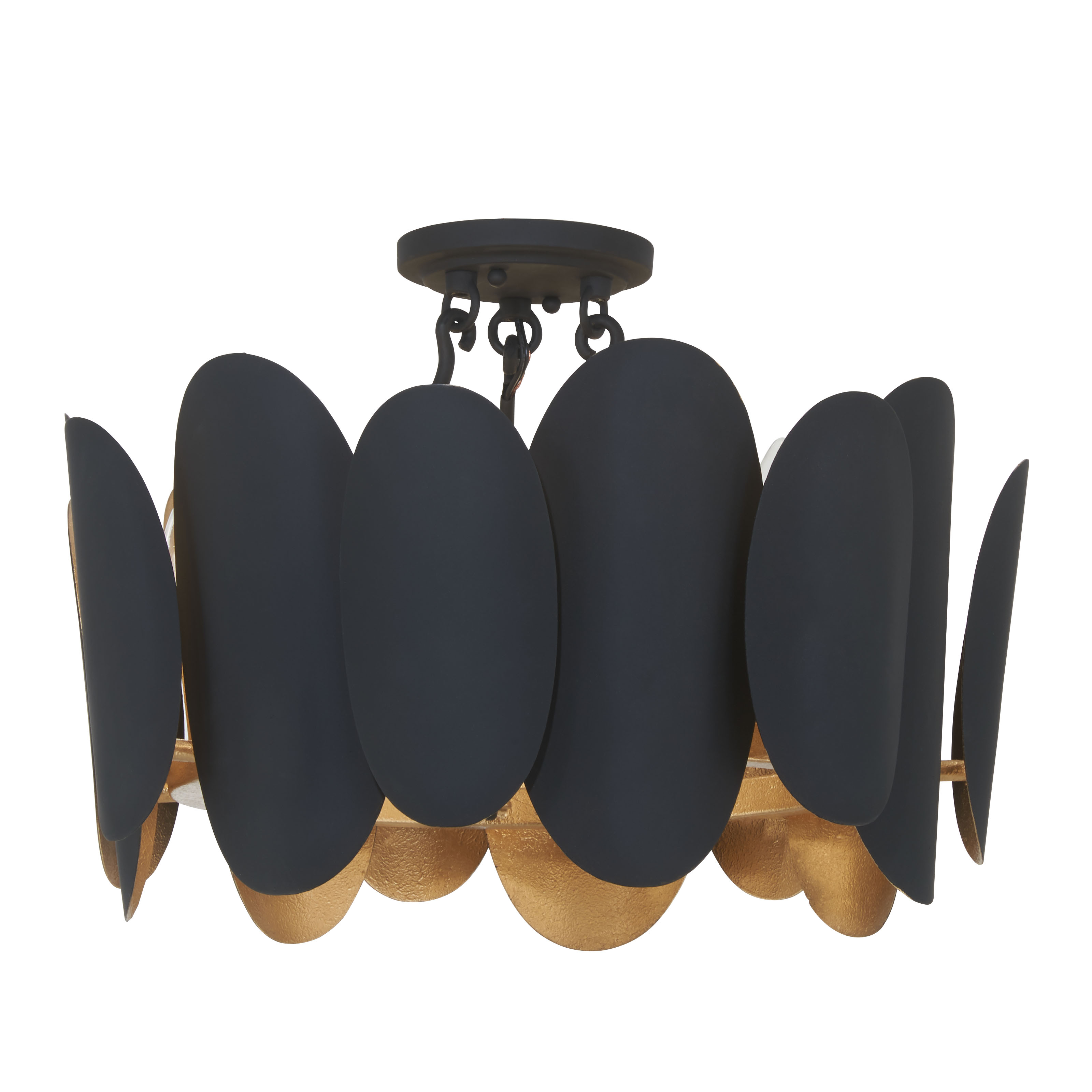 The Vailen semi-flush mount combines dark matte black with textured gold accents for a refined transitional aesthetic. With 7 candelabra bulbs and dimmable capability, it delivers versatile ambient lighting in a compact 20-inch profile. - alternate view