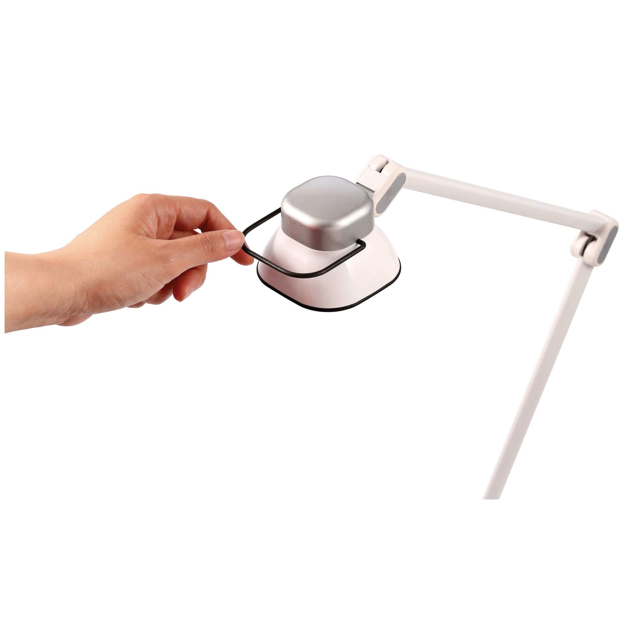 Adjustable arm in elate dual arm L E D desk lamp in white color.