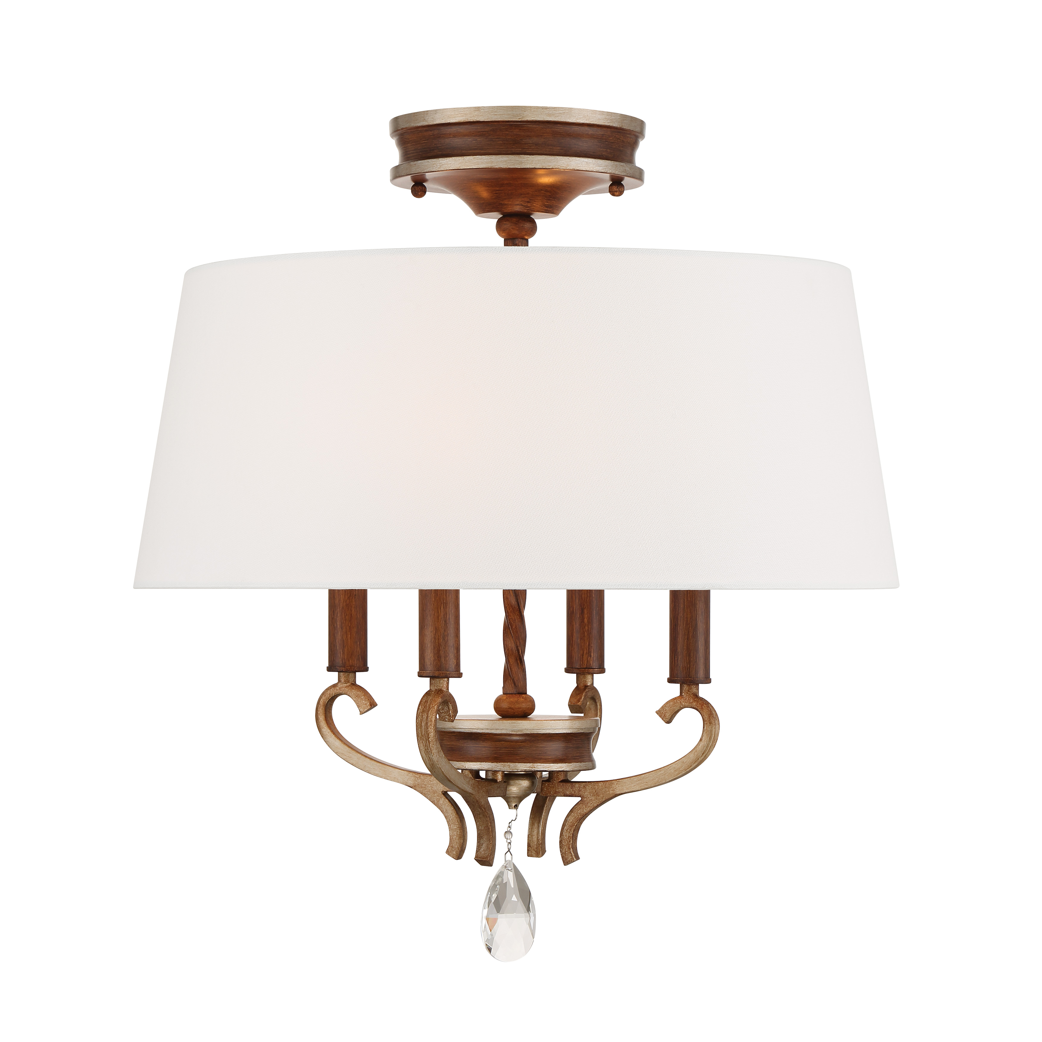 The Magnolia Manor semi-flush mount combines traditional elegance with practical design. Its pale gold and distressed bronze finish paired with crystal accents and a fabric shade creates a refined look perfect for lower ceilings. - alternate view