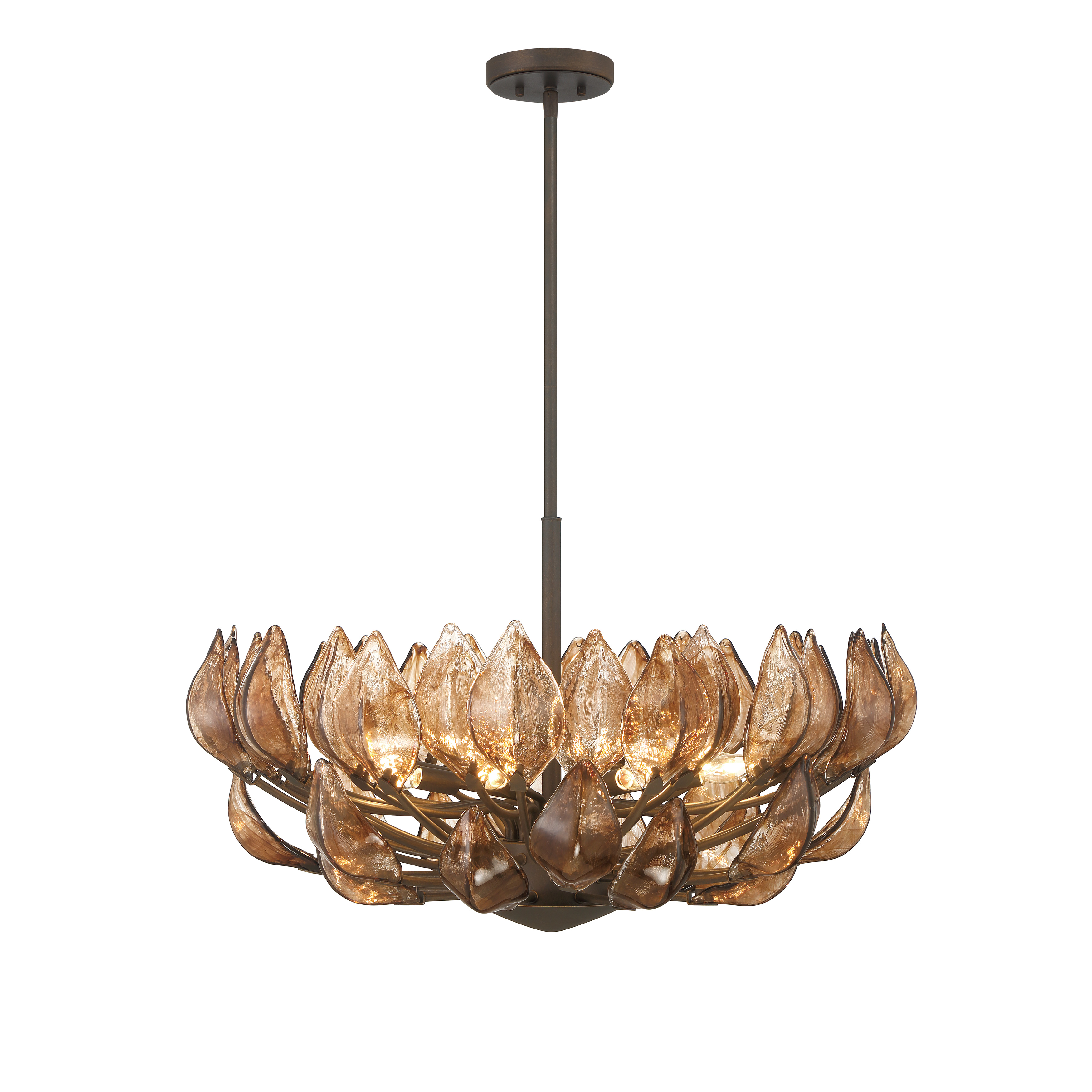 The Arboles pendant combines contemporary design with artisan craftsmanship, featuring eight handmade amber glass shades in a heritage bronze frame. Its substantial 32.75-inch width makes it perfect for large dining spaces and kitchen islands. - alternate view