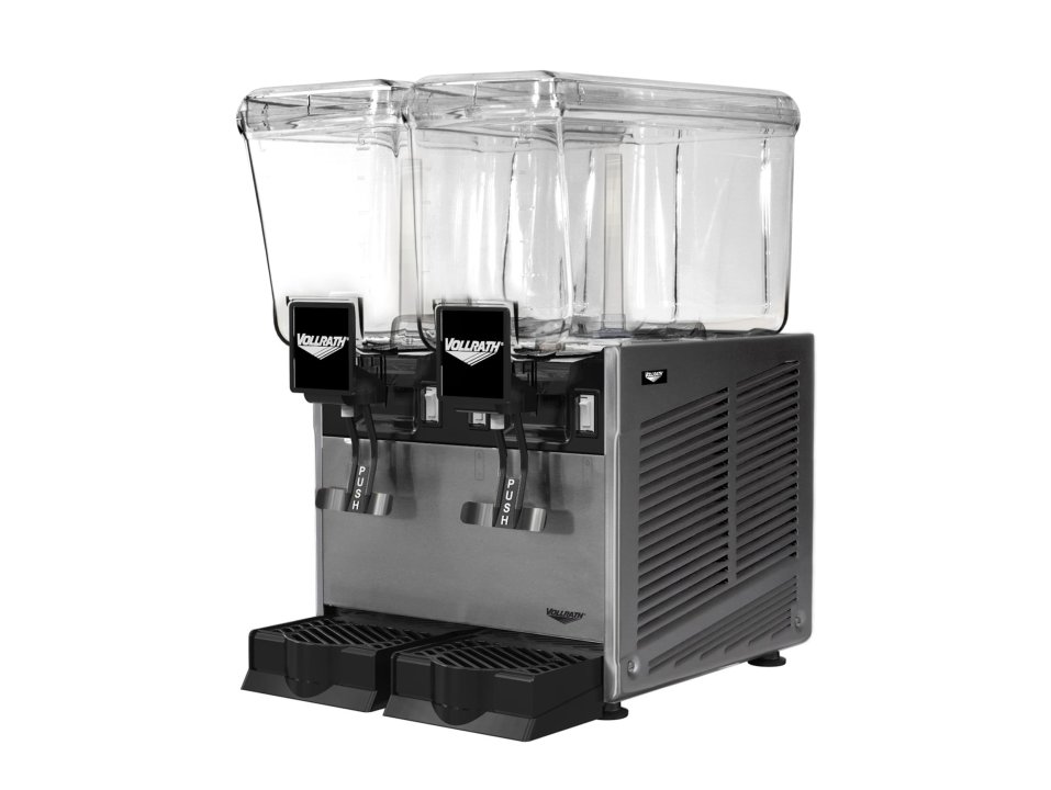 Refrigerated beverage dispenser with two 3.17-gallon bowls and fountain spray circulation