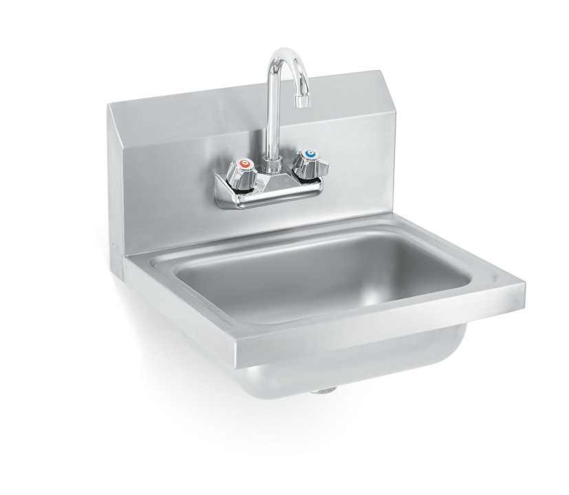 Wall-mount stainless steel hand sink with strainer and gooseneck faucet