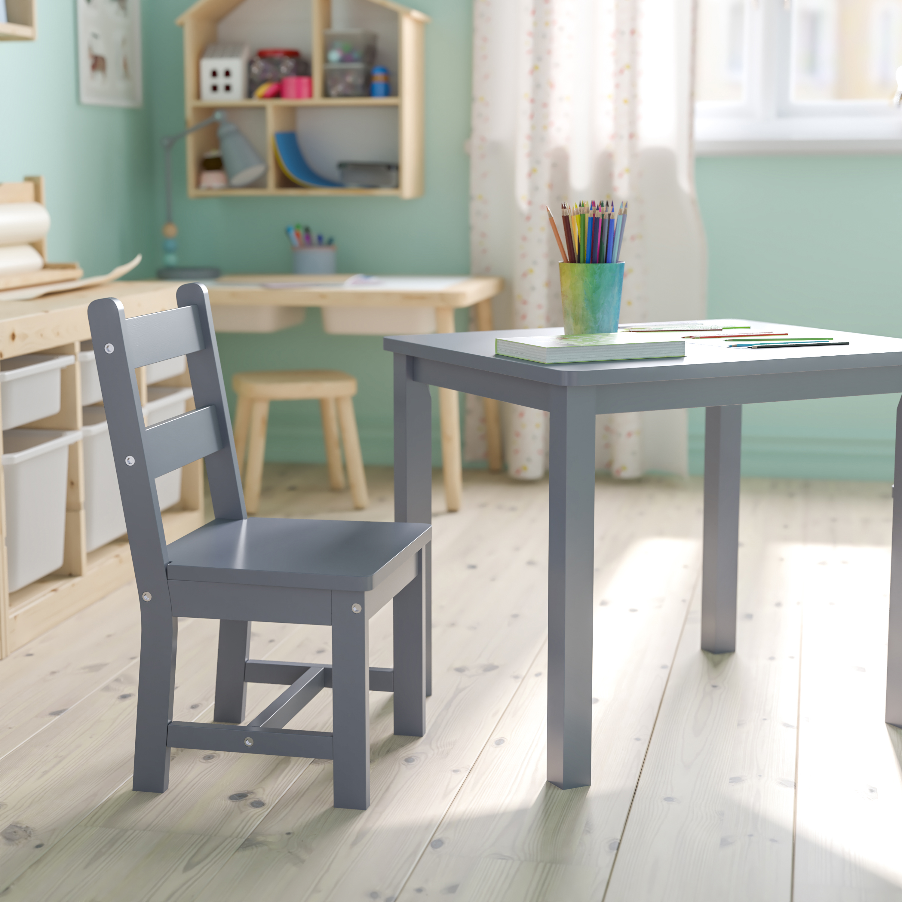Juego de mesa y silla de madera maciza para niños de 3 piezas para sala de juegos, cocina - blanco - Imagen 16 de 37