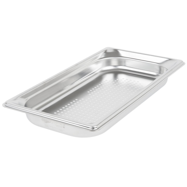 Third-size 1 ½-inch-deep Super Pan 3® perforated stainless steel steam table pan