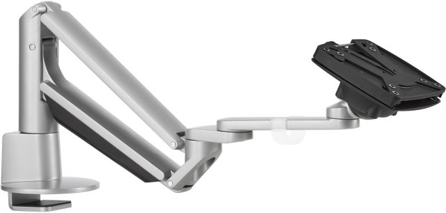 A Novus CLU Plus monitor arm at its lowest viewing level.