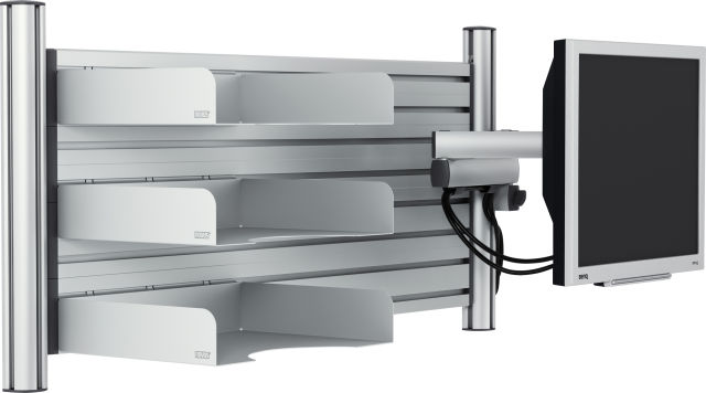 Wall mounted set saves space in busy environments where workspace is limited.